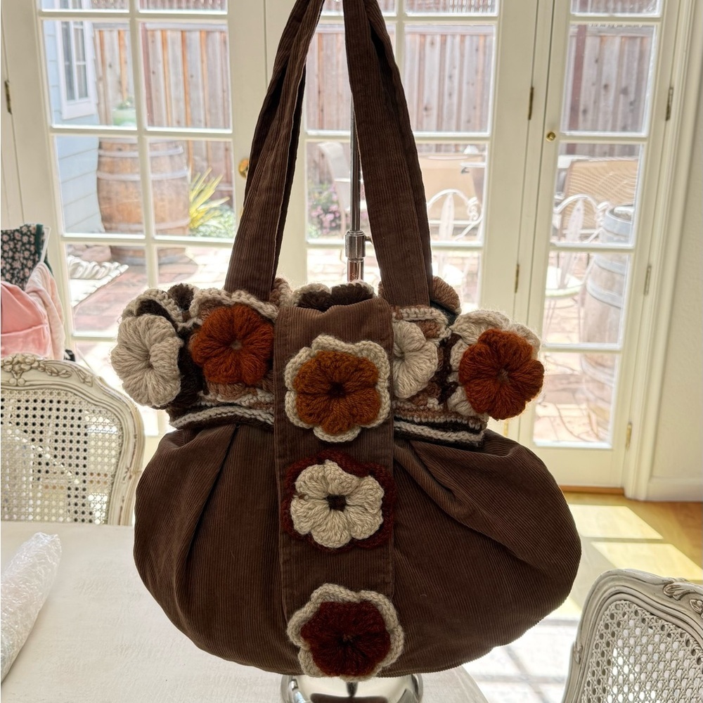 Brown Floral Crochet Accent Corduroy Tote Bag